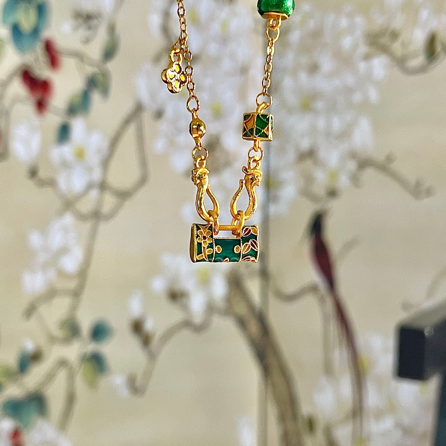 Green & Gold Sand Gold Enamel Safe Lock Pendant with Gourd & Flower Accents