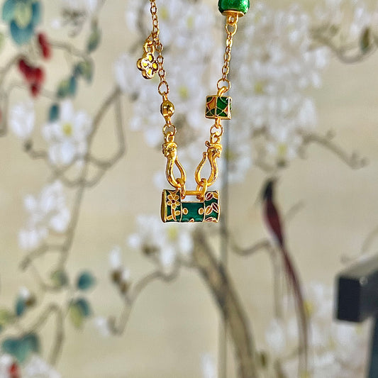 Green & Gold Sand Gold Enamel Safe Lock Pendant with Gourd & Flower Accents