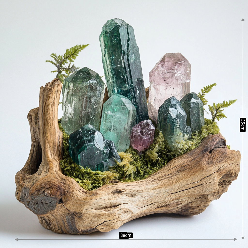 Natural Crystal Pillar Miniature Landscape – Rose Quartz, Smoky Quartz, Aquamarine, and Amethyst Crystals for Home Decor