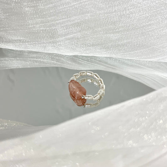 Moonlight Charm Pixiu Ring: Moonstone Beads & Hand-Carved Strawberry Quartz Pixiu