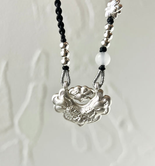 Handcrafted silver Longevity Lock with Lotus and Koi Fish